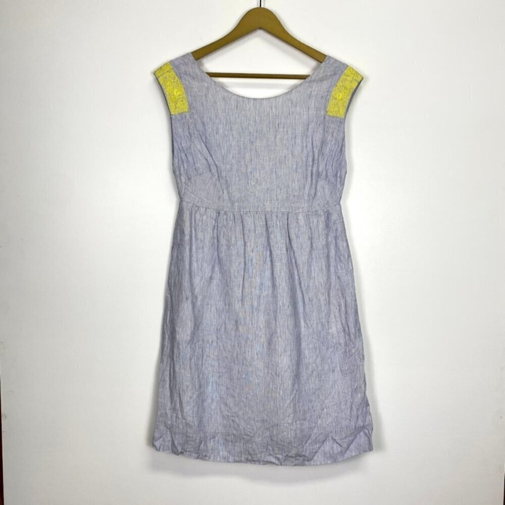 J. Crew 100% Linen Blue Dress With Yellow Embroidery